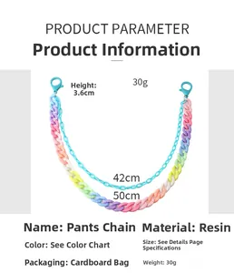Detail view of double-layered resin pant chain with rainbow gradient and size labels