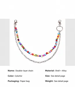 Catena da vita a doppio strato con perle di conchiglia colorate e maglie in metallo argento