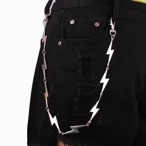 Punk style silver lightning bolt double layer hip-hop chain on black denim shorts