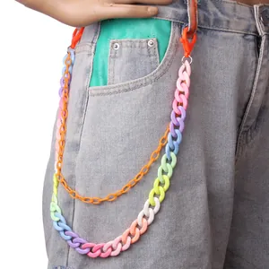 Close-up of double-layered macaron color resin pants chain on light blue denim jeans