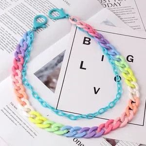 Close-up of rainbow acrylic dual-layer waist chain with blue lobster clasps