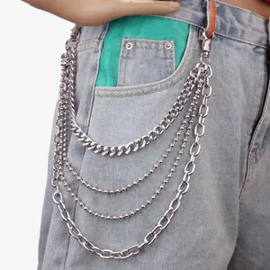 Punk style multi-layer silver metal pants chain with lobster clasps on denim jeans