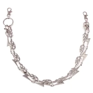 Hip hop silver double layer trousers chain with flame and lightning metal charms