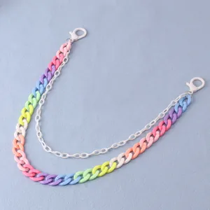 Detail of colorful double-layered resin chain with pastel acrylic rings and white lobster clasps