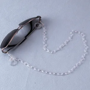 Close-up of clear acrylic glasses chain with silicone loops on sunglasses