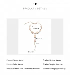 Détails de la cheville bohème avec coquillage, perles et dimensions de l'anneau de orteil