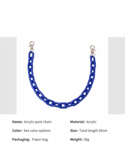 Detail van 50 cm blauwe acryl punk tailleketting met zilveren karabijnsluitingen en maten
