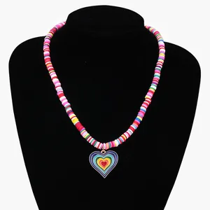 Rainbow polymer clay heishi bead necklace with gradient heart pendant for women