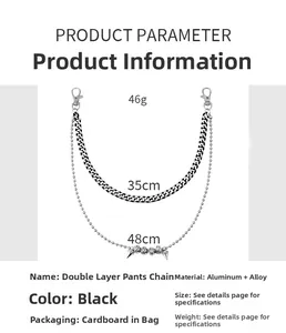 Detailed size chart for black double-layer hip-hop punk metal waist chain accessory