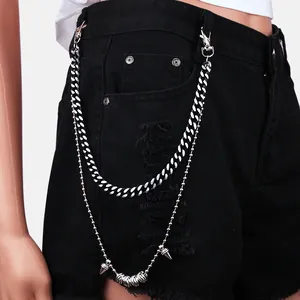 Punk style silver double-layered metal waist chain with cone pendant on denim shorts