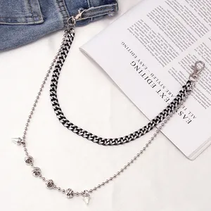 Double-layered punk metal waist chain featuring silver rose balls and cone pendants
