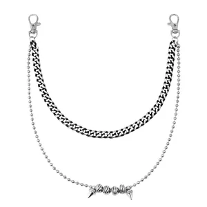 Double-layered hip hop pants chain with silver Cuban links and metal sphere pendants