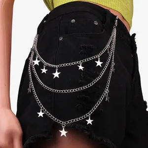 Three-layer silver metal star tassel waist chain accessory for women with punk style