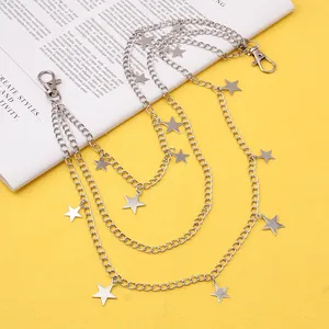 Punk style multilayer silver star waist chain with tassels and metal lobster clasps