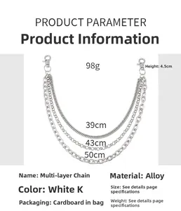 Detailed specs for triple layer silver pants chain featuring 39cm 43cm 50cm length dimensions