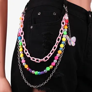 Three-layer layered waist chain with colorful beads, pink acrylic links and butterfly pendant