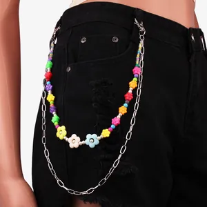 Multilayer hip-hop waist chain with colorful flower beads and silver metal rings