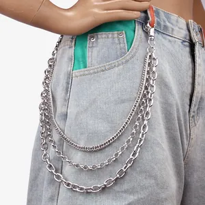 Triple layer silver metal trousers chain with punk style lobster clasps on jeans