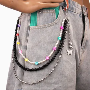 Multi-layer waist chain with colorful flower beads, pearls, and butterfly charms
