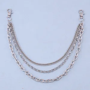 Three-layer silver metal pants chain with punk style lobster clasps for jeans