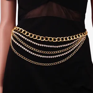 Sexy Catena in Vita Multistrato in Lega d'Oro Con Strass Scintillanti Catena per il Corpo Regolabile Gioielli per Donna Party Beach Club