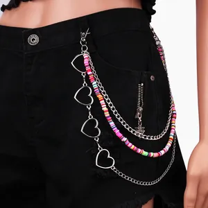 Three-layer hip hop pants chain with silver heart pendants and colorful beads