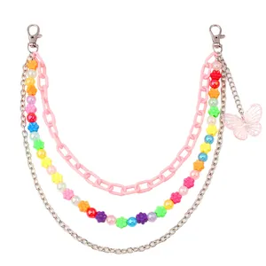 Three-layer colorful flower bead waist chain with pink butterfly and acrylic links
