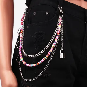 Multilayer hip-hop waist chain with rainbow clay beads and silver padlock pendant