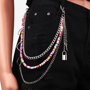 Layered Alloy Pant Chain With Colorful Heishi Beads Heart Padlock Key Pendant For Women Men Hip Hop Streetwear Pant Jewelry
