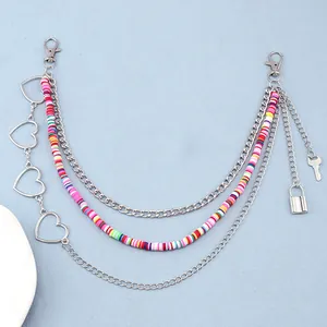 Multilayer hip hop pants chain with silver heart links, padlock and colorful beads