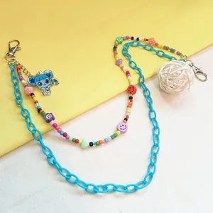 Bunte Y2K Perlen-Hosenkette mit blauer Gliederkette und süßem Cartoon-Mädchen