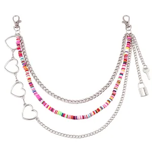 Multilayer hip hop pants chain with colorful beads, heart lock and key pendant