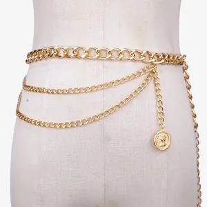 Multi-layer gold metal body chain with chunky Cuban links and vintage coin pendant