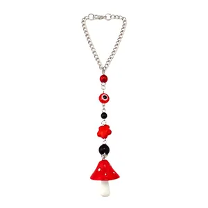 Red evil eye and mushroom charm chain with silver beads for phone cases or bags