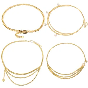 Women Gold Metal Waist Chain Layered Belt With Artificial Pearl Coin Sunflower Pendant Fashionable Body Chain Dress Accessory