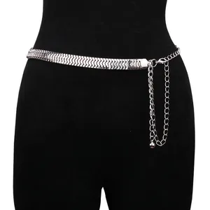 Adjustable silver metal waist chain belt with flat scale texture on black mannequin