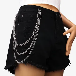 Black denim shorts with multi-layer silver hip hop chains and distressed ripped details