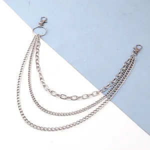 Three-layer silver metal waist chain with rings and lobster clasps in punk hip-hop style