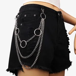 Mehrlagige Punk Hip-Hop Metall-Taillenkette in Silber für Jeans mit runden Ringen