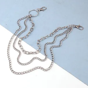 Three-layer silver metal hip hop waist chain with round ring and lobster clasps