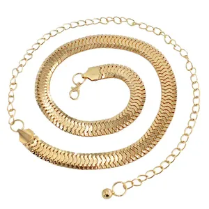 Elegant gold metal waist chain belt with flat snake bone link design and bead drop charm