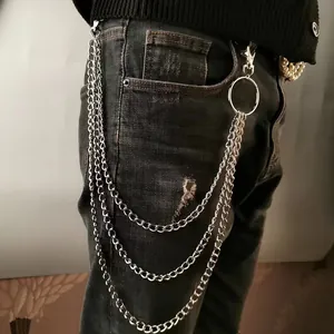 Three-layer silver metal pants chain with rings and clasps for punk rock streetwear style