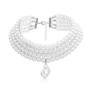 Elegant four-layer white pearl choker necklace with a baroque-style pearl pendant drop