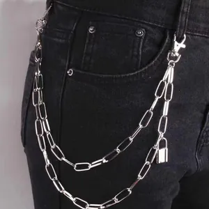 Punk style silver double-layered metal pants chain with lock pendant on black denim