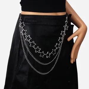 Multilayer silver star waist chain accessory with metal lobster clasps on black leather