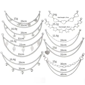 Nine silver metal replacement bag straps and chain charms with weight and size details