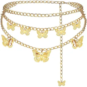 Bohemian gold-layered body chain with intricate hollow butterfly pendants on white background