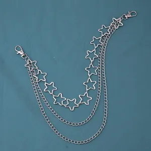 Three-layer silver star waist chain with metal lobster clasps for hip-hop fashion styling