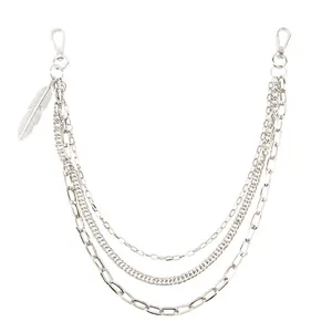 Three-layer silver punk hip hop metal pants chain with feather pendant and lobster clasps
