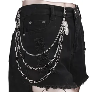 Three-layer punk hip hop waist chain with silver feather pendant and metal lobster clasp